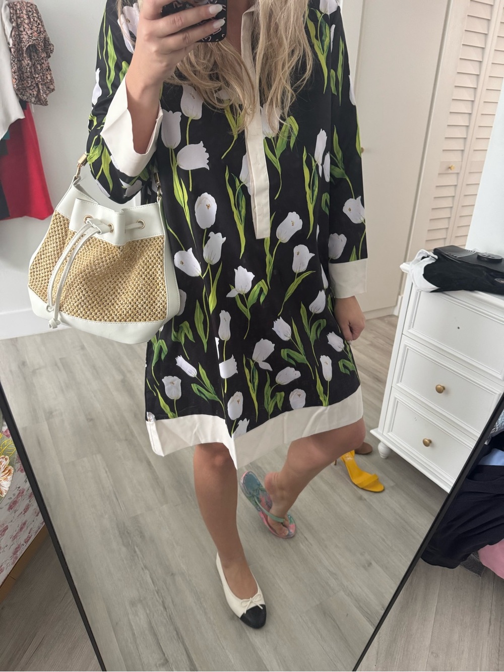 Black Floral Shift Dress with White Trim